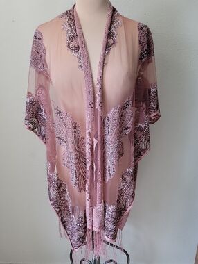 David and Young Pink Embroidered Sheer Kimono Tunic